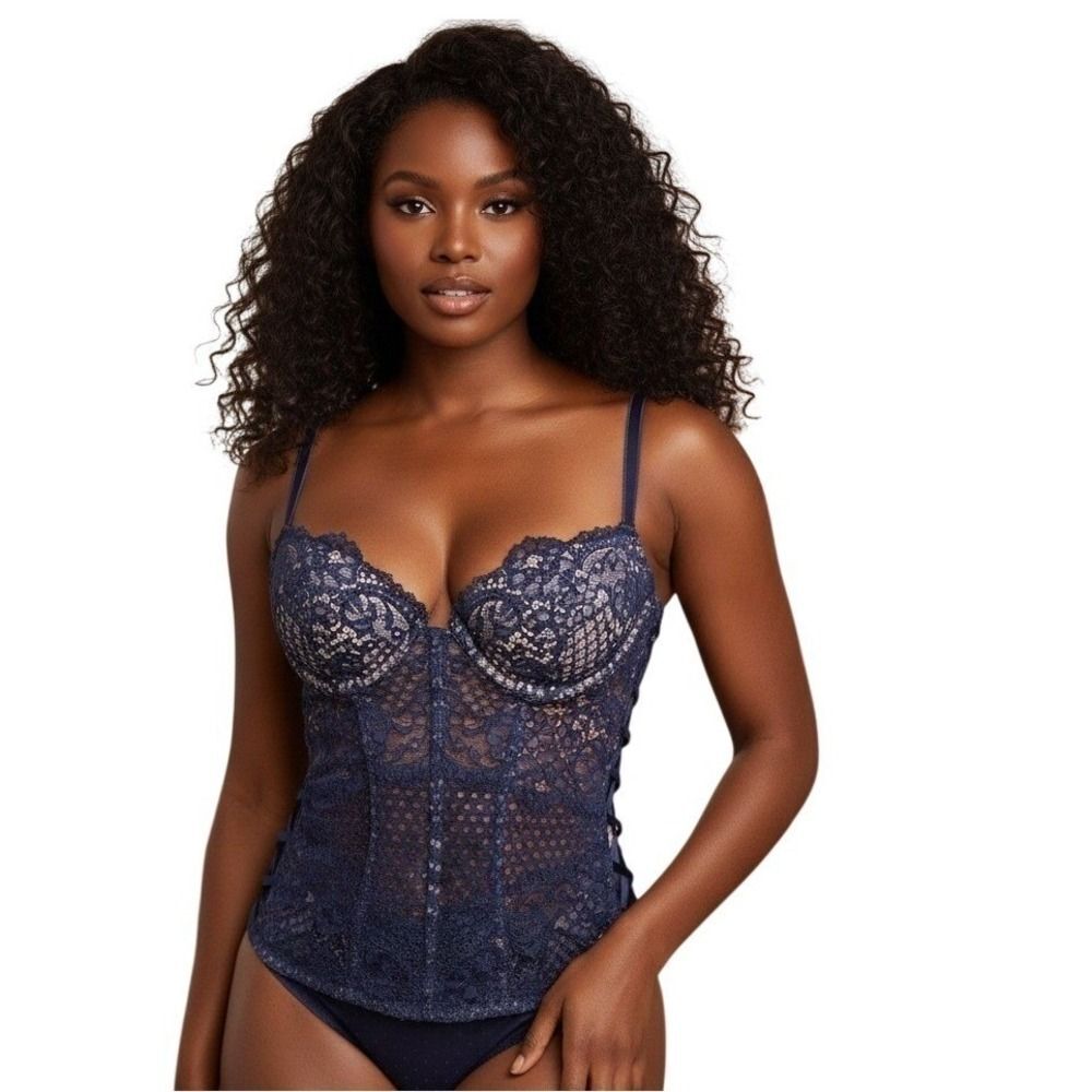 Victoria's Secret Blue Wicked Lace Cottagecore Corset Bustier Strappy Back 34B